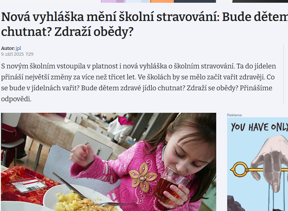 Lidovky.cz: Nová vyhláška mění školní stravování: Bude dětem chutnat? Zdraží obědy?
