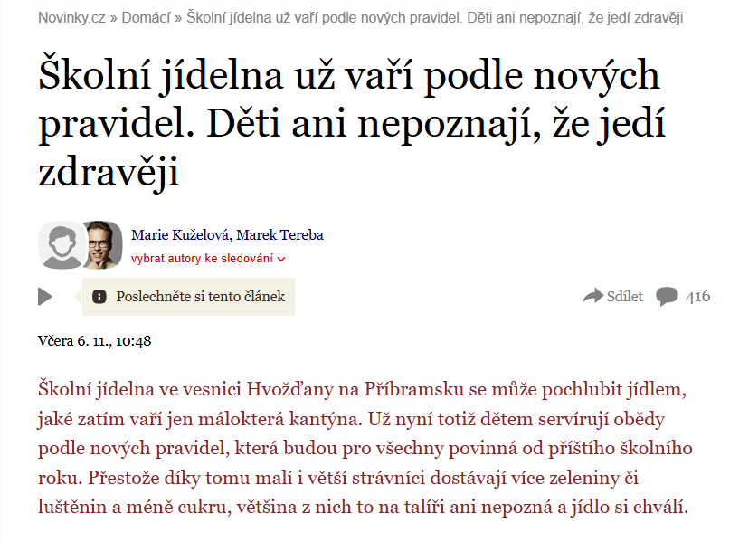 Novinky.cz: Školní jídelna už vaří podle nových pravidel. Děti ani nepoznají, že jedí zdravěji