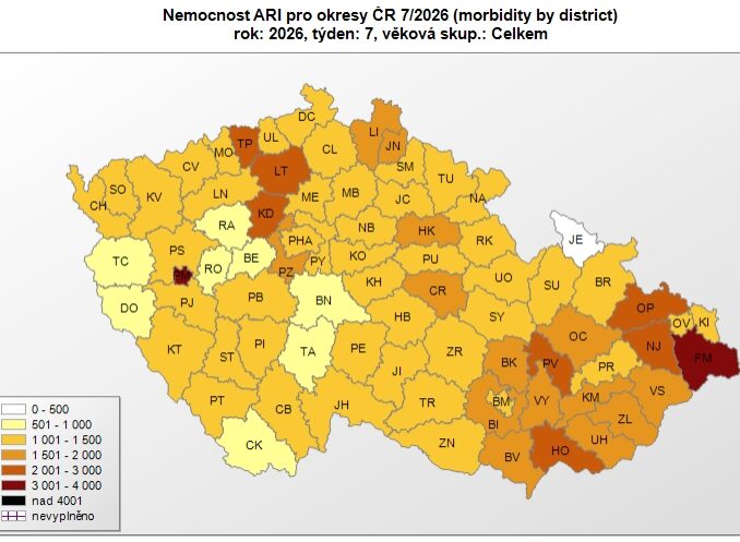 Nemocnost akutními respiračními infekcemi zůstává s mírnými výkyvy na relativně vysoké úrovni