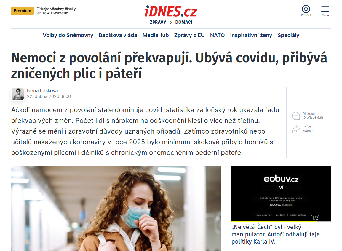 iDnes.cz: Nemoci z povolání překvapují. Ubývá covidu, přibývá zničených plic i páteří