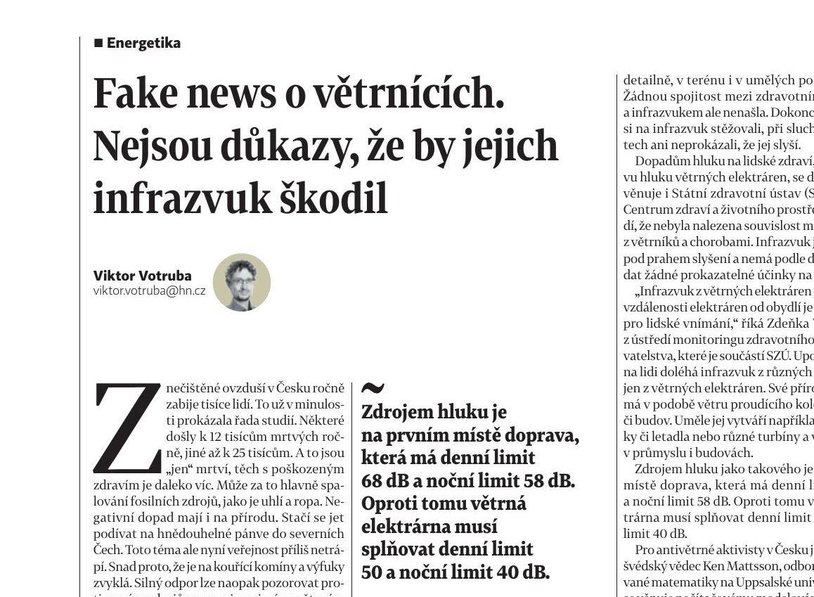 HN: Fake news o větrnících. Nejsou důkazy, že by jejich infrazvuk škodil
