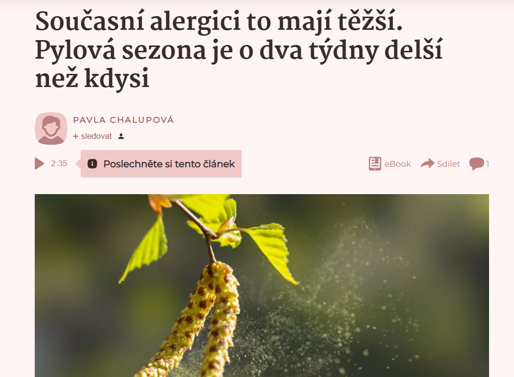 Seznam Zprávy: Současní alergici to mají těžší. Pylová sezona je o dva týdny delší než kdysi