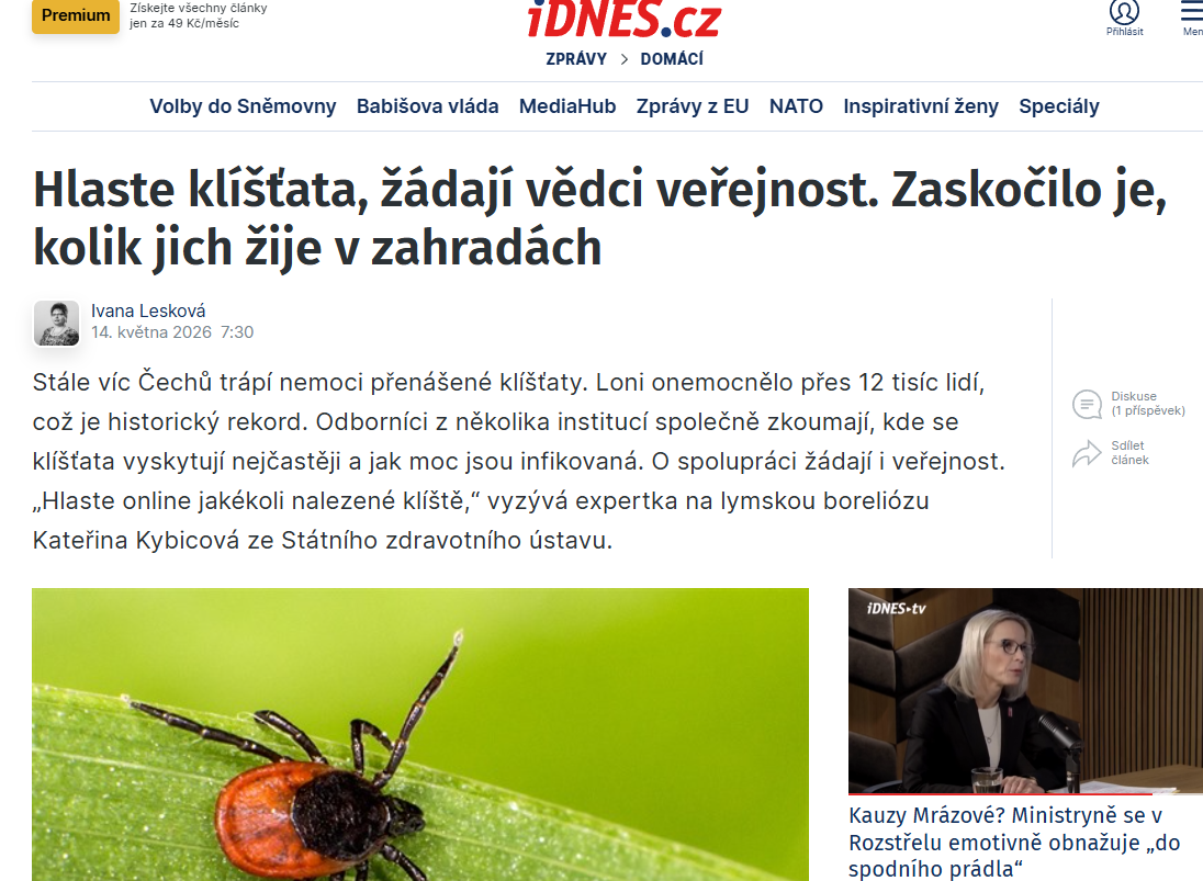 Kateřina Kybicová pro iDnes.cz: Hlaste online jakékoli nalezené klíště. Borreliemi je promořena až třetina parazitů z městských parků