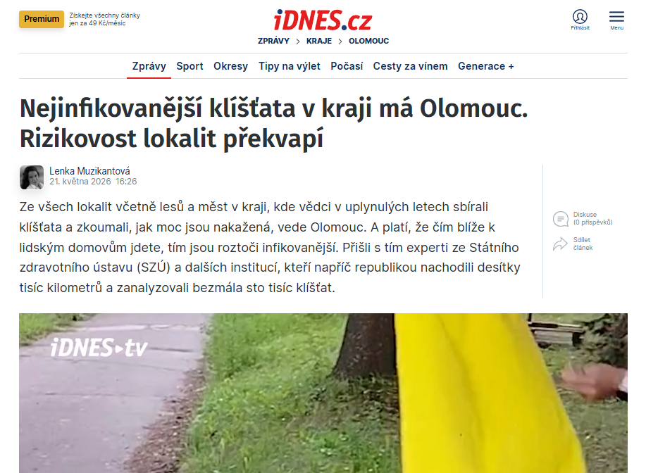iDnes.cz: Ptáci společně s ježky, veverkami a hlodavci stojí podle expertů ze SZÚ za vysokým výskytem infekčních klíšťat v centrech měst