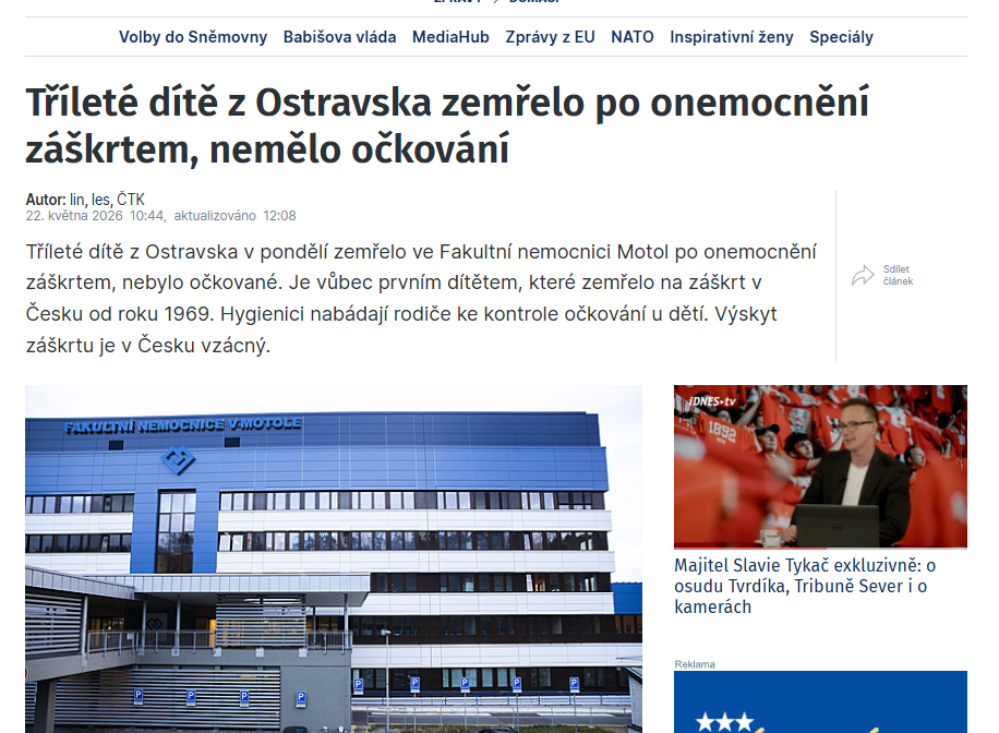 iDnes.cz: Tříleté dítě z Ostravska zemřelo po onemocnění záškrtem, nemělo očkování