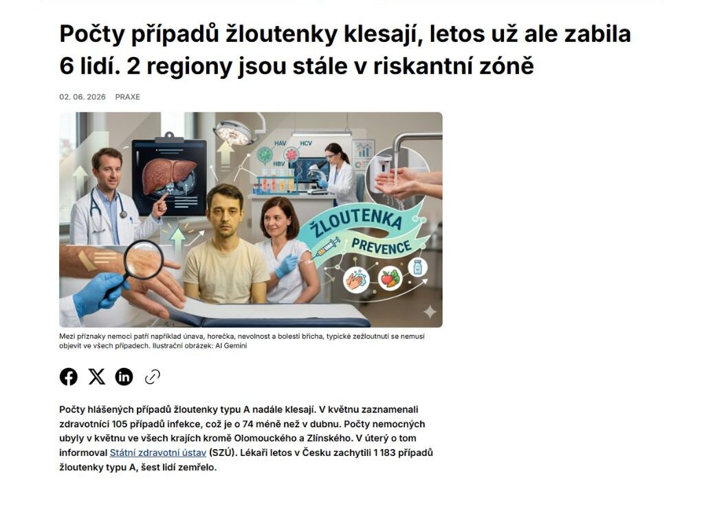 Zdravotnický deník: Počty případů žloutenky klesají, letos už ale zabila 6 lidí. 2 regiony jsou stále v riskantní zóně