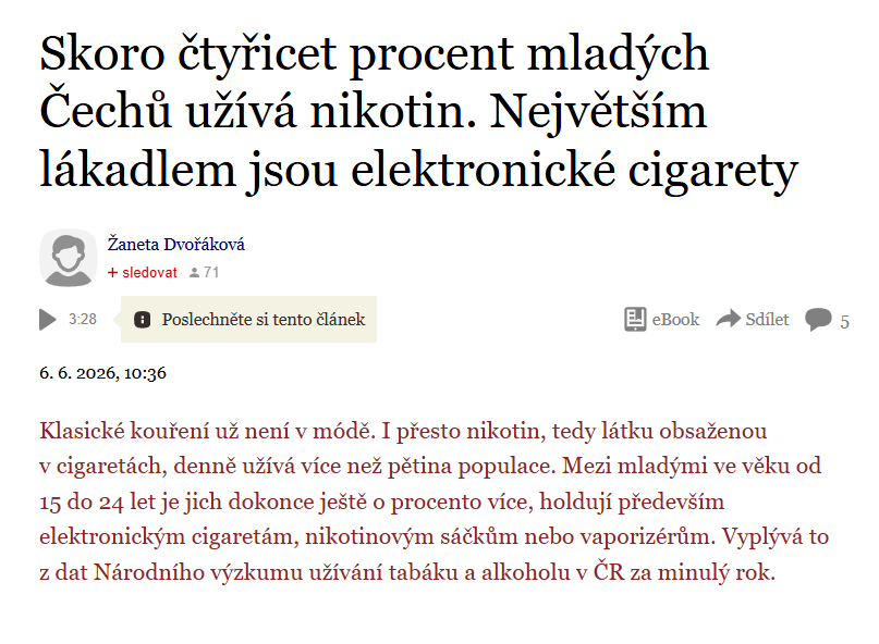 Novinky.cz: Skoro čtyřicet procent mladých Čechů užívá nikotin. Největším lákadlem jsou elektronické cigarety