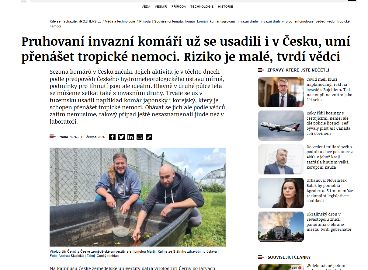 iROZHLAS.cz: V Česku přibývá invazních druhů komárů, máme se bát přenosu tropických infekcí?