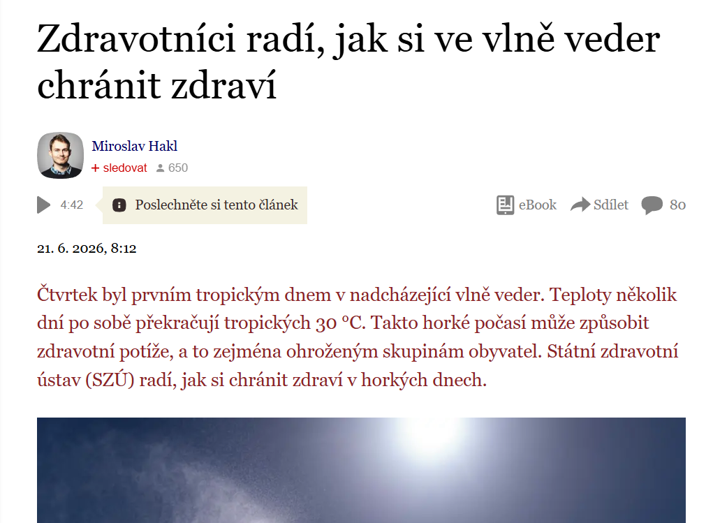 Novinky.cz: Zdravotníci radí, jak si ve vlně veder chránit zdraví