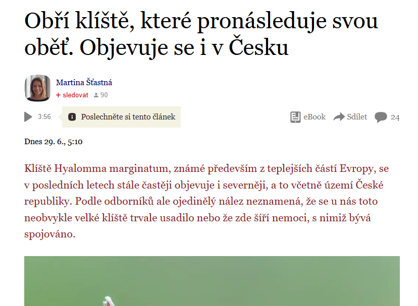 Kateřina Kybicová: V ČR dosud neexistuje záznam, který by potvrdil schopnost klíštěte Hyalomma zde přezimovat