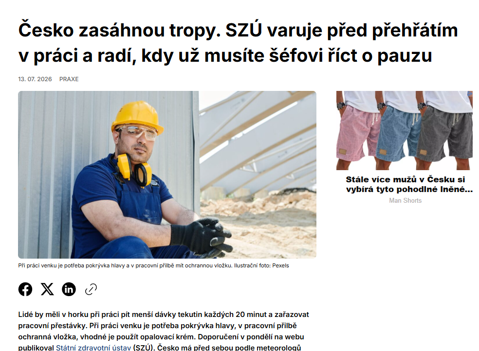 ZD: Česko zasáhnou tropy. SZÚ varuje před přehřátím v práci a radí, kdy už musíte šéfovi říct o pauzu