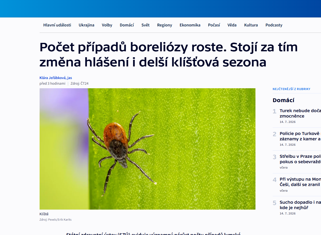 ČT24: Počet případů boreliózy roste. Stojí za tím změna hlášení i delší klíšťová sezona