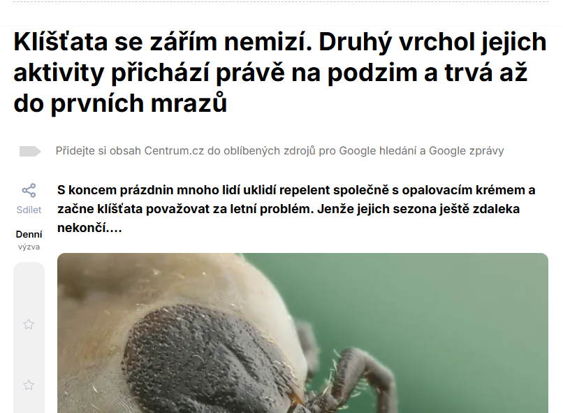 Centrum.cz: Klíšťata se zářím nemizí. Druhý vrchol jejich aktivity přichází právě na podzim a trvá až do prvních mrazů