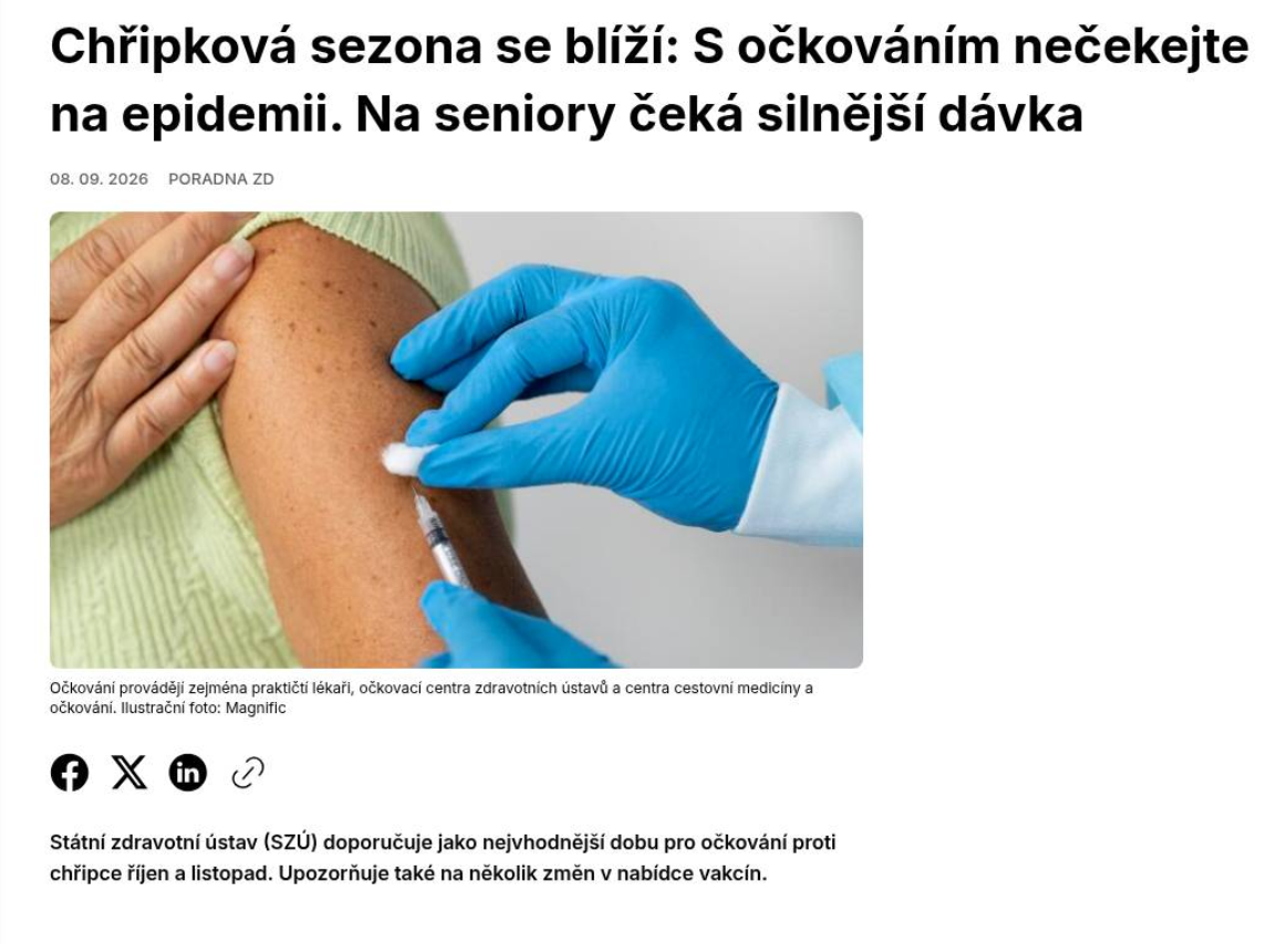 Zdravotnický deník: Chřipková sezona se blíží: S očkováním nečekejte na epidemii. Na seniory čeká silnější dávka