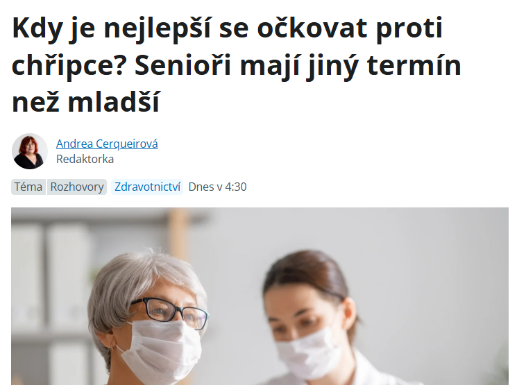 Deník.cz: Kdy je nejlepší se očkovat proti chřipce? Senioři mají jiný termín než mladší