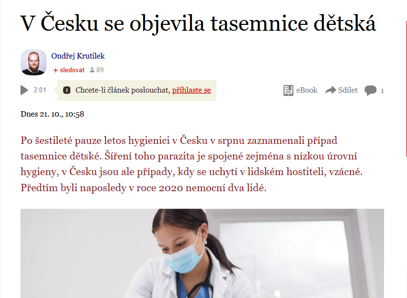 Novinky.cz: V Česku se objevila tasemnice dětská. Nákaza se potvrdila u mladého muže